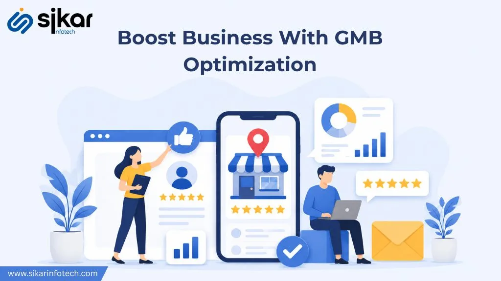Google Reviews and GMB Optimization illustration showing online business growth, customer ratings, Google My Business profile management, and digital marketing concept.