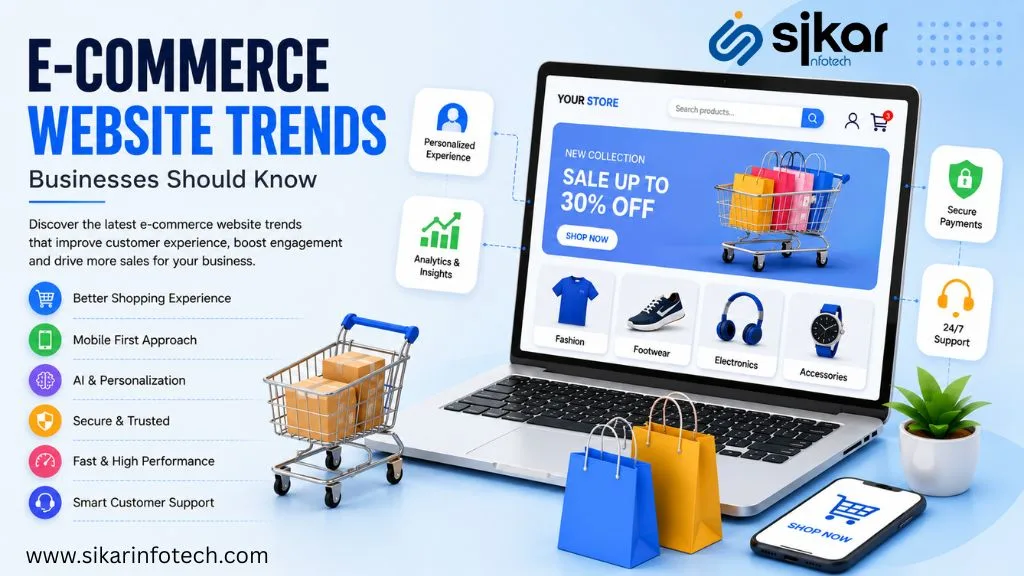 Modern e-commerce website trends illustration with online shopping interface, mobile commerce, AI personalization, and digital business growth concept