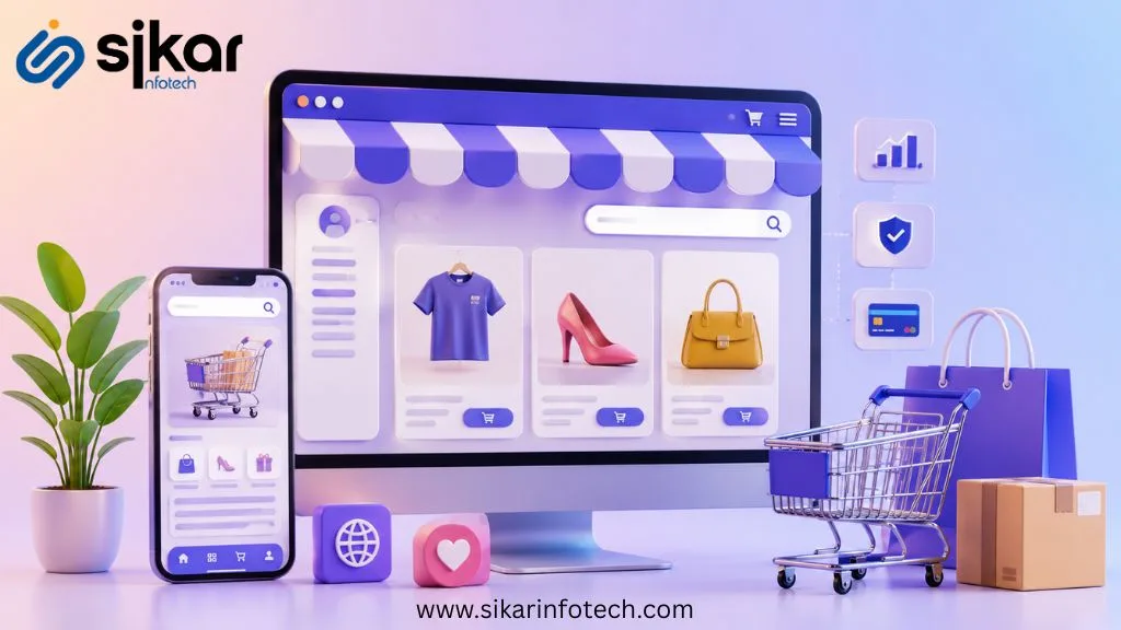 Modern e-commerce website trends illustration with online shopping interface, mobile commerce, AI personalization, and digital business growth concept