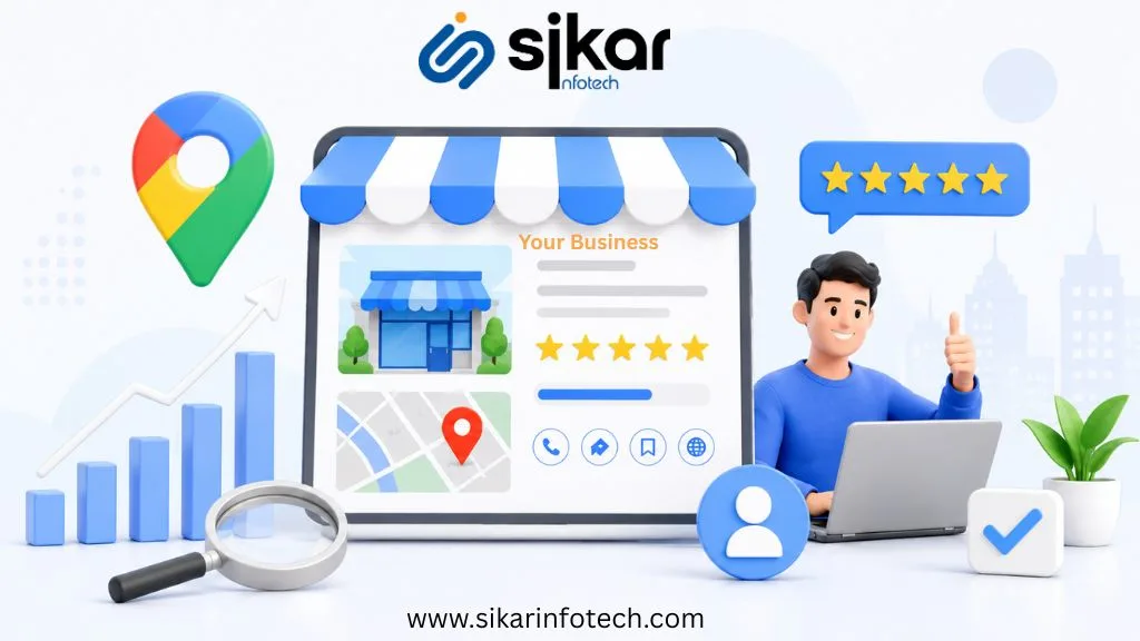 Google Reviews and GMB Optimization illustration showing online business growth, customer ratings, Google My Business profile management, and digital marketing concept.