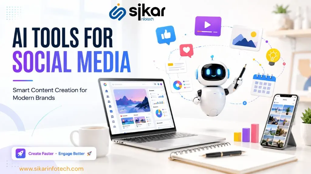 AI-powered social media content creation illustration with futuristic robot assistant, mobile app interface, and digital marketing elements in modern 3D design