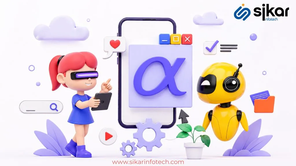 AI-powered social media content creation illustration with futuristic robot assistant, mobile app interface, and digital marketing elements in modern 3D design