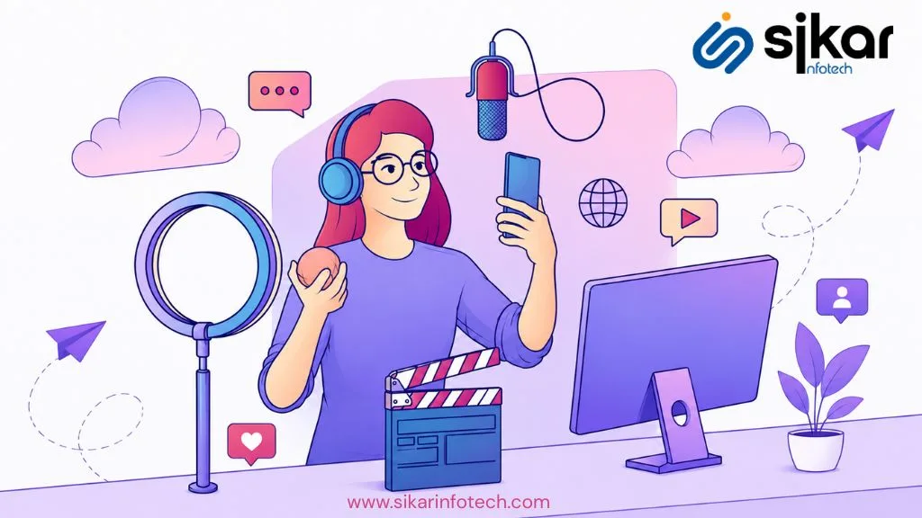 Influencer marketing concept with social media influencer, smartphone engagement metrics, brand promotion, and digital marketing strategy illustration
