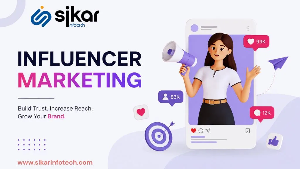Influencer marketing concept with social media influencer, smartphone engagement metrics, brand promotion, and digital marketing strategy illustration